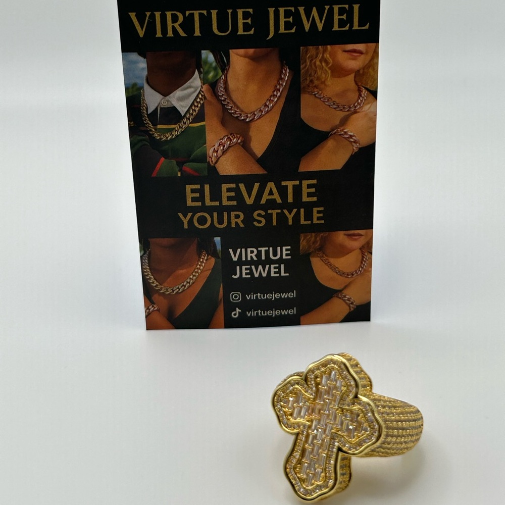 Iced Out Diamonds Baugette Jesus Cross Ring Gold